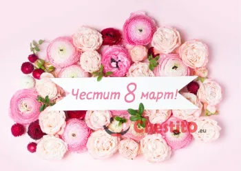 Картичка за 8-ми март роови, бели и червени цветя с послание на розов фон 