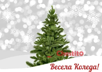 Картичка за коледа  елха на сив фон със снежинки 