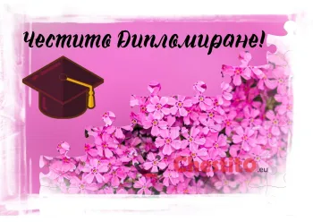 Картичка за абитуренти  розови цветя на розов фон и шапка 