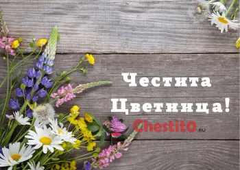 Картичка за Цветница пролетни цветя на дървен фон 