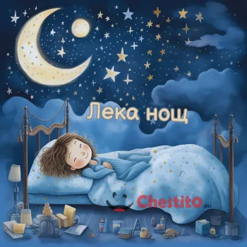Картичка за лека нощ спящо момиче , легло, луна и послание 