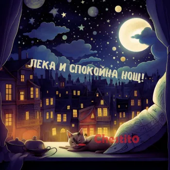 Картичка за лека нощ котка вечер на прозорец , луна и светлини от прозорци 