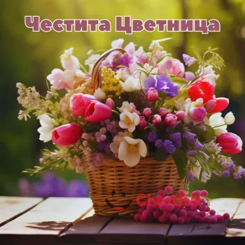 Картичка за Цветница  кошница с пролетни цветя и послание 