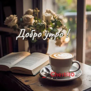 Картичка за Добро утро кафе книга и букет 