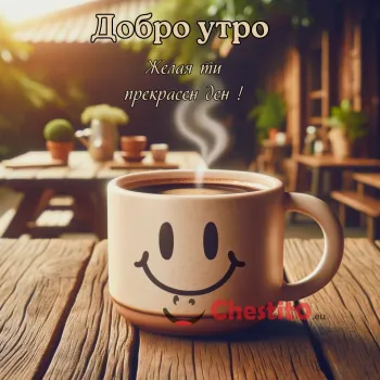 Картичка за Добро утро  кафе с усмивка навън
