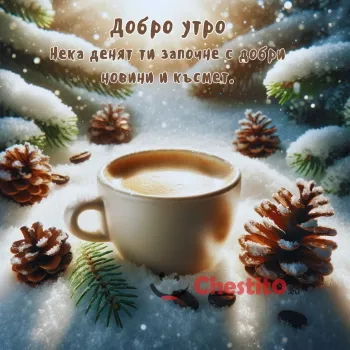Картичка за Добро утро кафе на сняг , шишарки и слънце