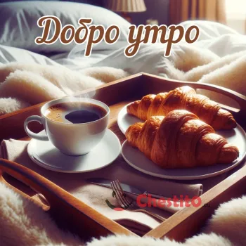 Картичка за Добро утро кафе и кроасани на поднос