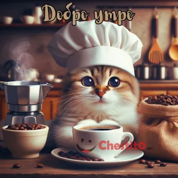 Картичка за Добро утро котка с кафе , кафе машина и кафе на зърна