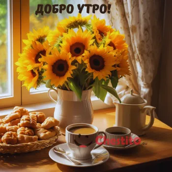Картичка за Добро утро букет от слънчогледи и сладки 