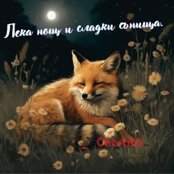 Картичка за лека нощ спяща лисица на лунна светлина 